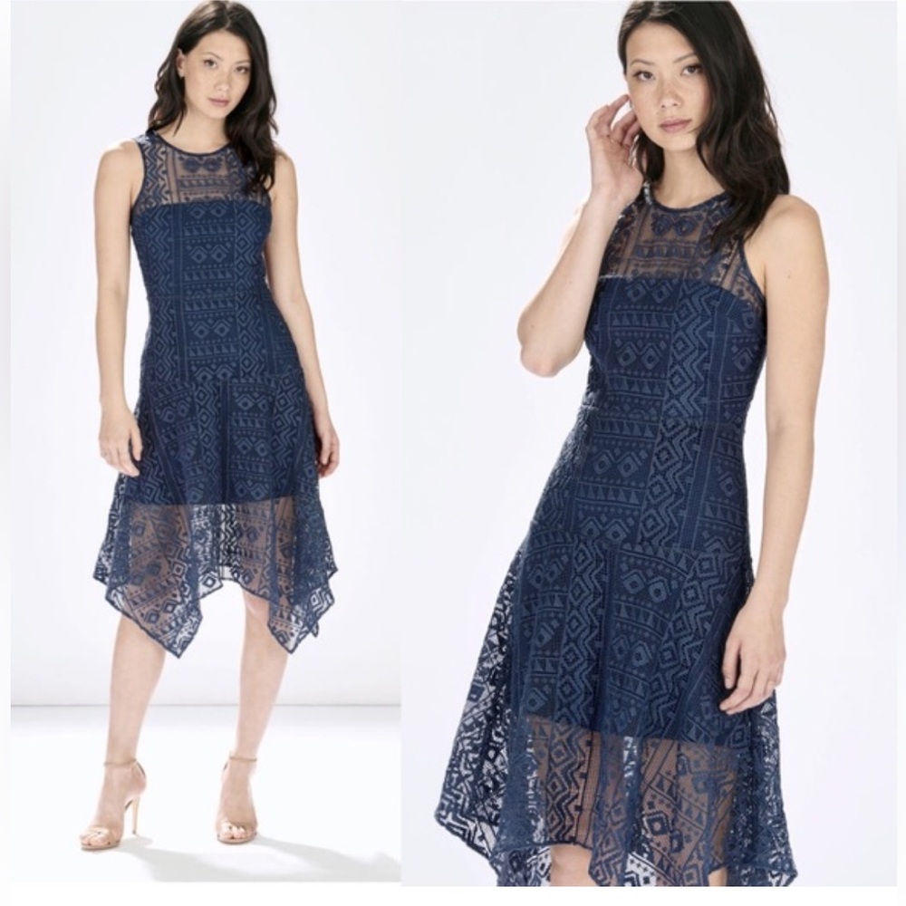 Parker Melissa Navy Blue Geometric Knit Crochet Sleeveless Handkerchief Dress M - Picture 1 of 13